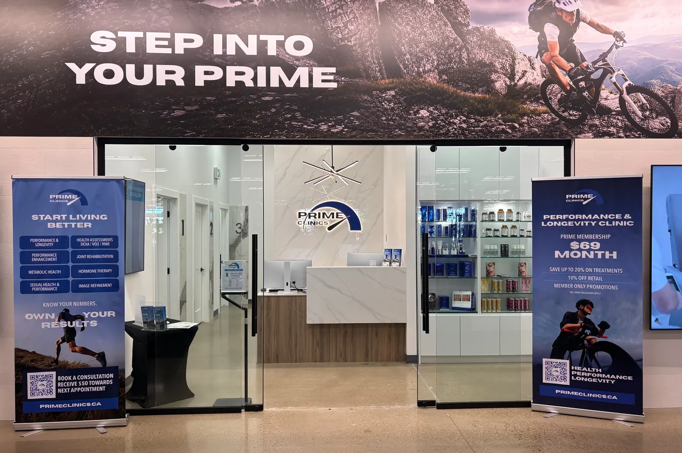 The PRIME Clinics storefront in South Edmonton Common, with its STEP INTO YOUR PRIME banner