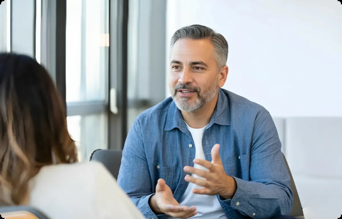 A man with grey hair and a beard, in a blue denim shirt, talking with someone seated across from him