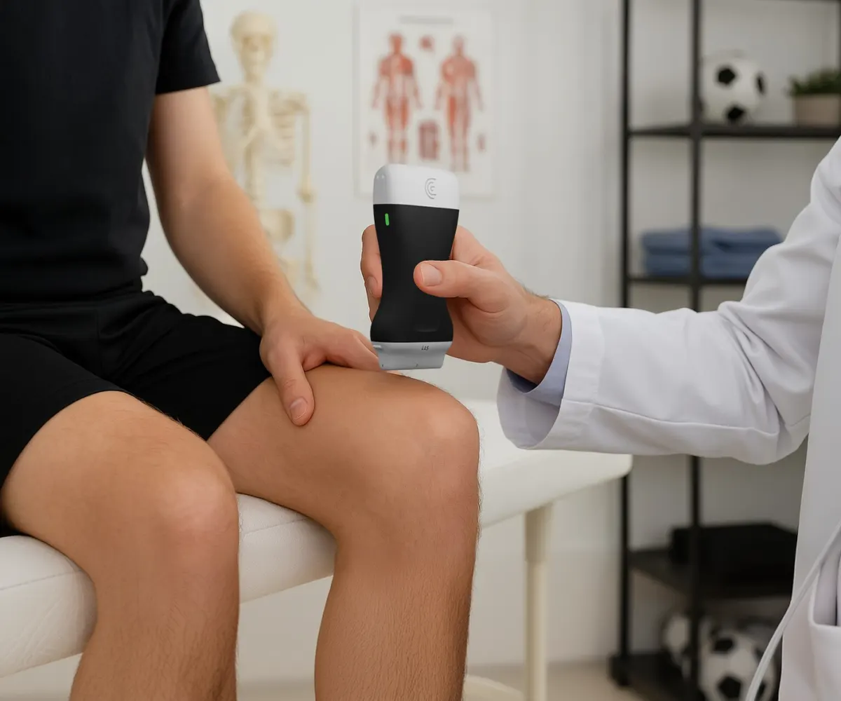 A clinician holds a handheld ultrasound probe at a seated patient's knee