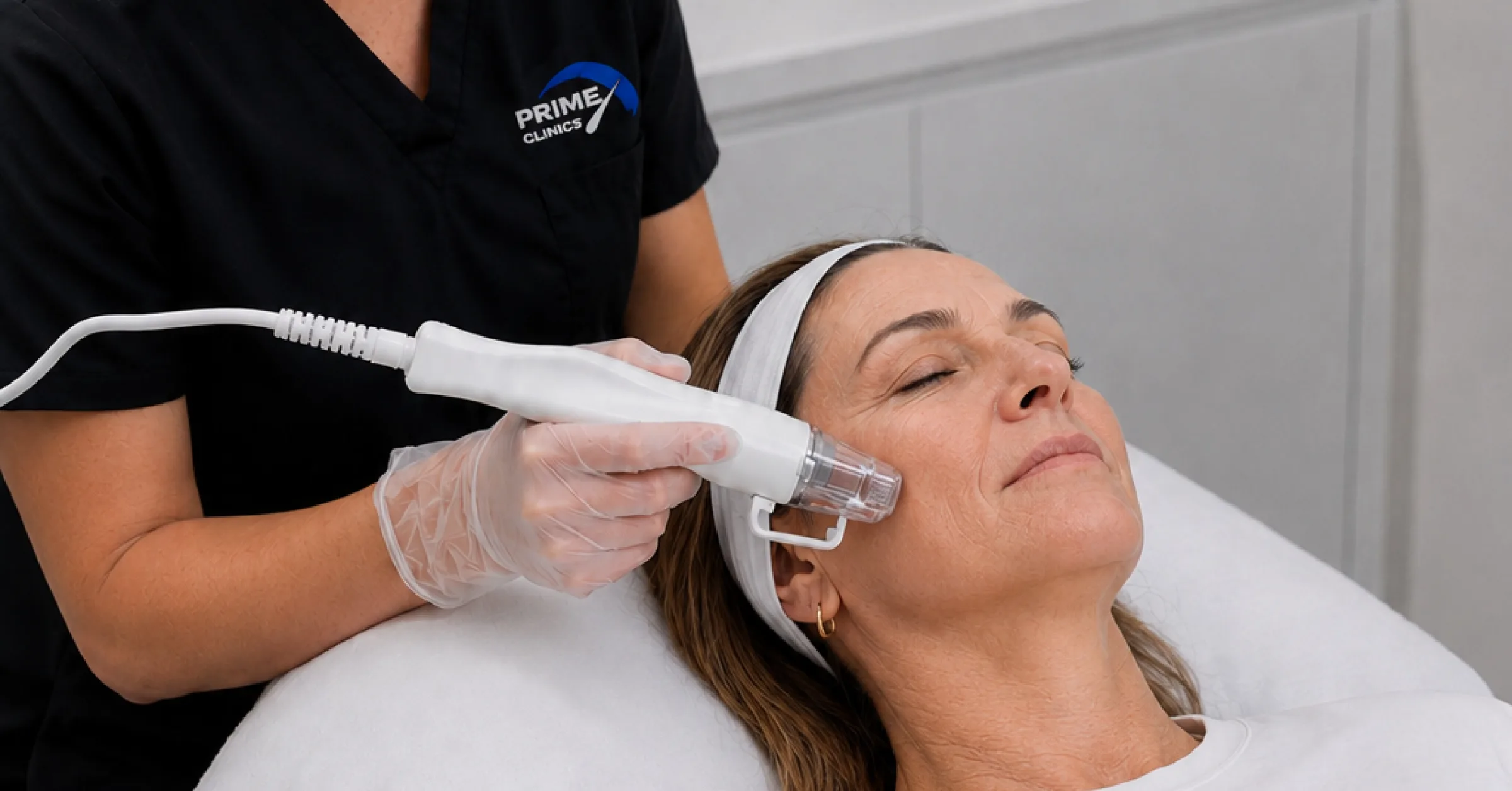 A PRIME Clinics clinician doing RF Microneedling on a woman's face