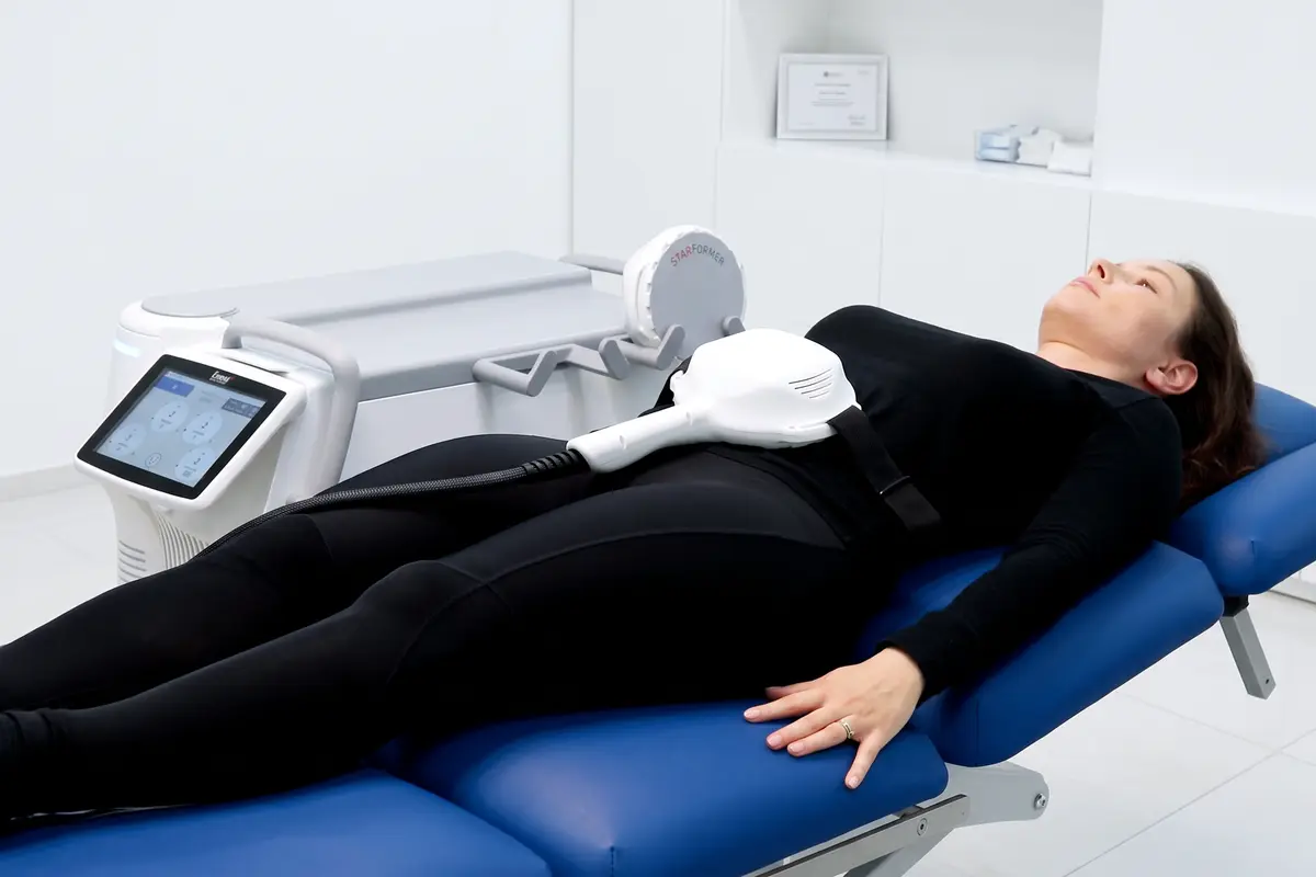 A woman in black lying on a treatment bed with the EMS applicator at PRIME Clinics