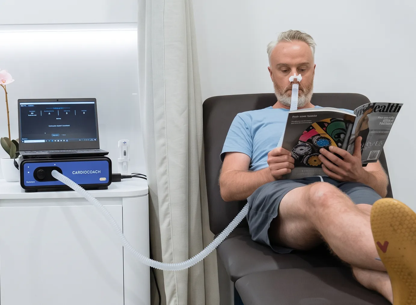 A man doing the Resting Metabolic Rate breathing test in a clinic chair